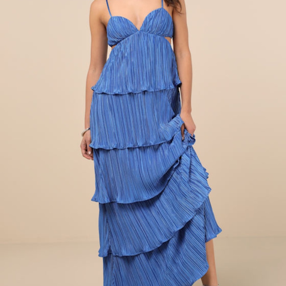 Lulus Kanya Blue Satin Plisse Tiered Maxi Dress - Size M